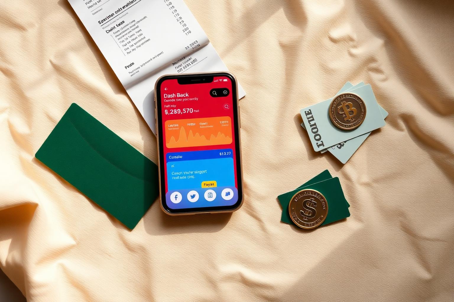 Flat lay of a smartphone showing a cash back app dashboard next to receipts, cash, and gift cards.