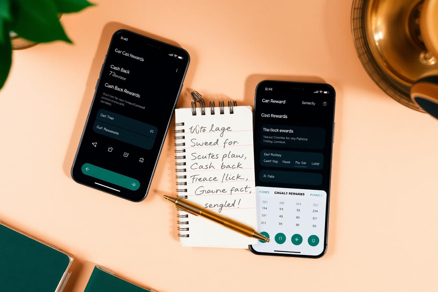 Two smartphones side by side showing different cash back apps with a notepad of comparison notes.