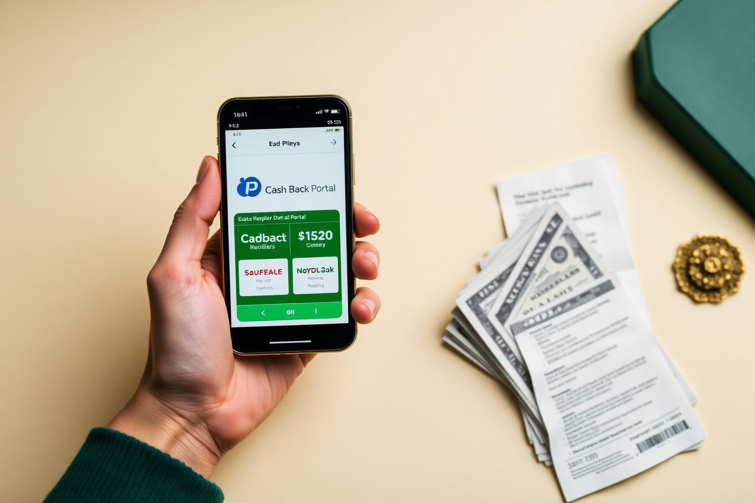 Hand holding a smartphone showing a cash back portal app next to receipts and dollar bills.